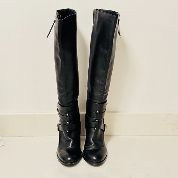 Rebecca Minkoff Boots Womens 8.5 Black Leather Moto Double Buckle Heels Billie - Picture 3 of 12